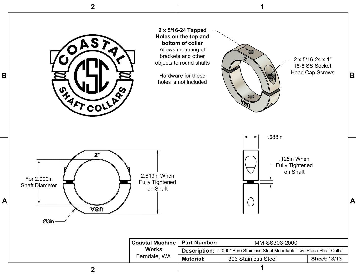 2.00" Diameter – Mountable Clamping Two Piece Shaft Collar - 303 Stainless Steel