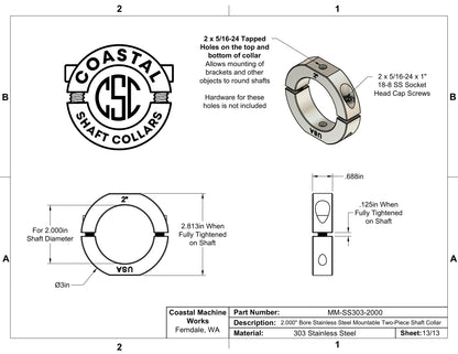 2.00" Diameter – Mountable Clamping Two Piece Shaft Collar - 303 Stainless Steel