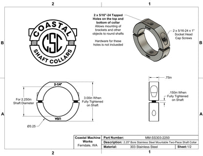 2.25" Diameter – Mountable Clamping Two Piece Shaft Collar - 303 Stainless Steel