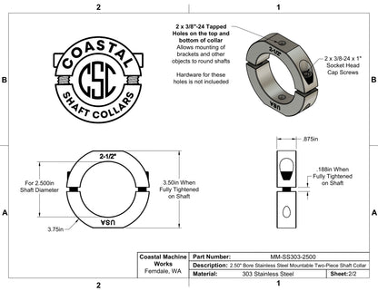 2.50" Diameter – Mountable Clamping Two Piece Shaft Collar - 303 Stainless Steel