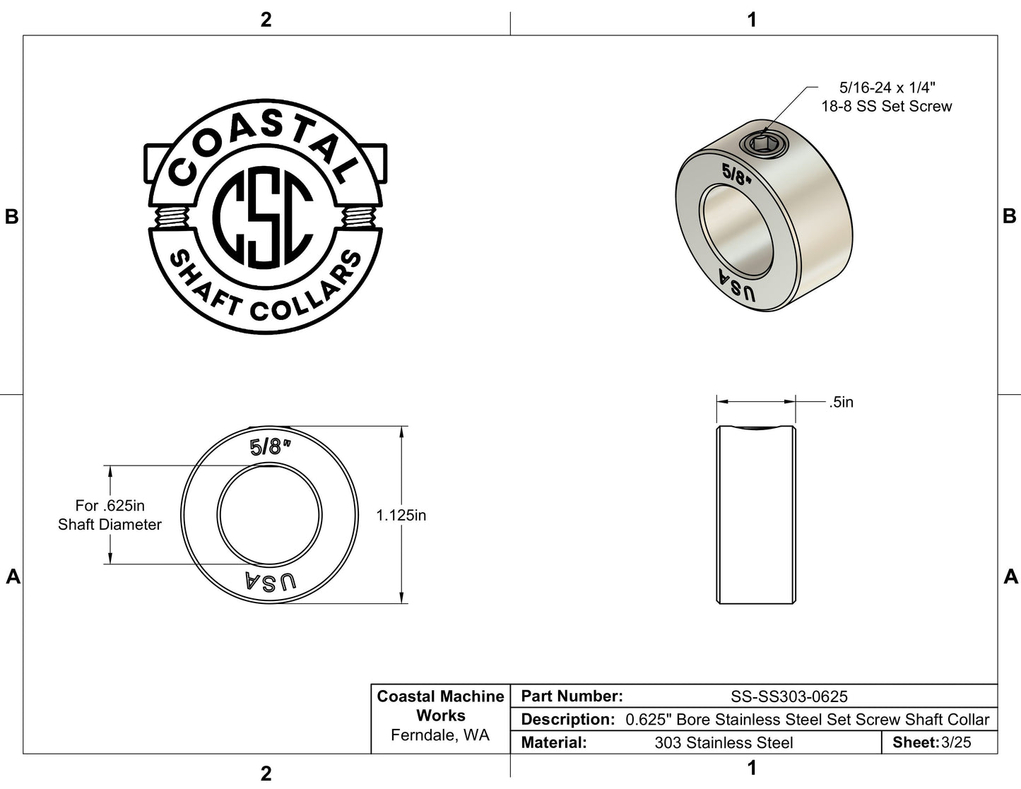 0.625" Diameter - Set Screw Shaft Collar - 303 Stainless Steel