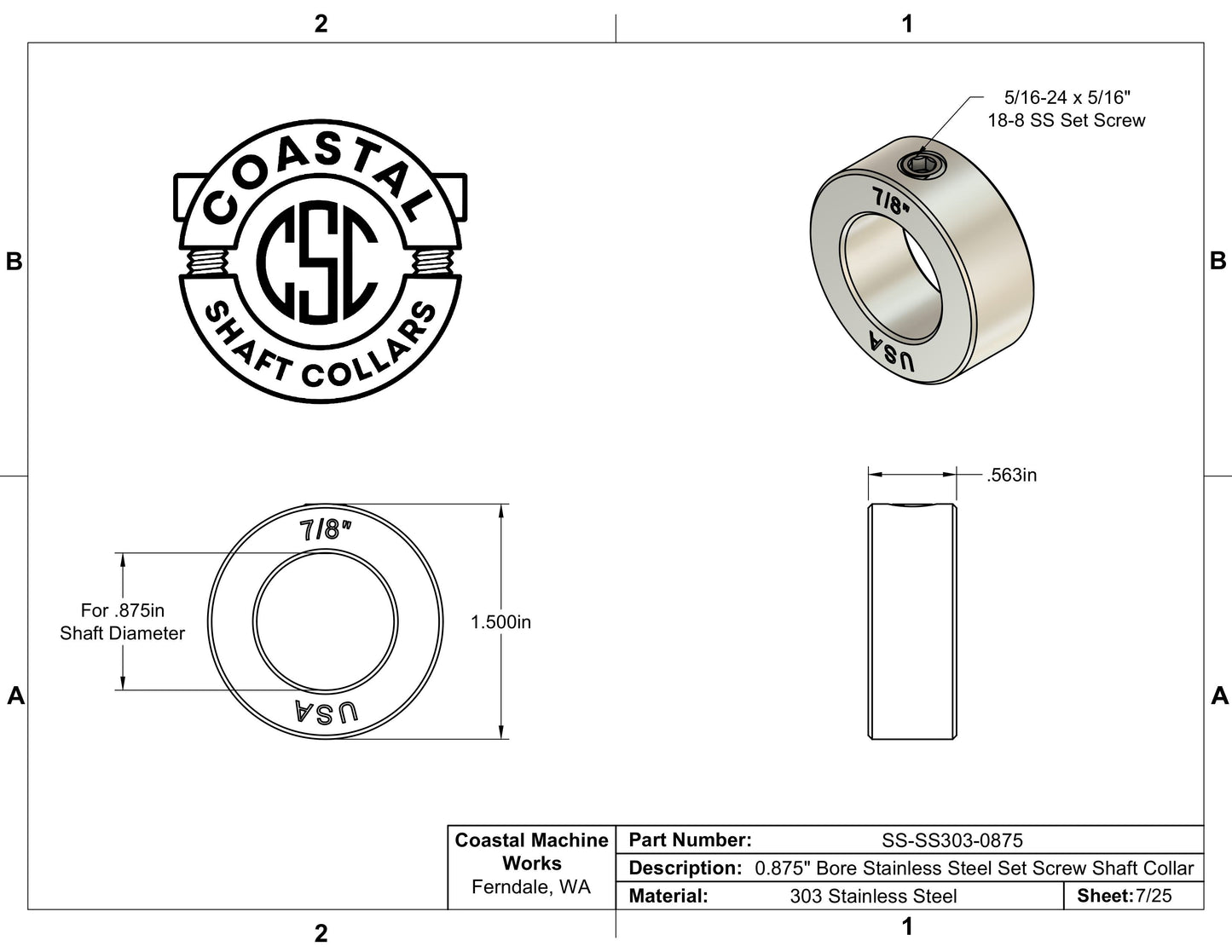 0.875" Diameter - Set Screw Shaft Collar - 303 Stainless Steel