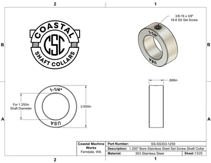 1.25" Diameter - Set Screw Shaft Collar - 303 Stainless Steel