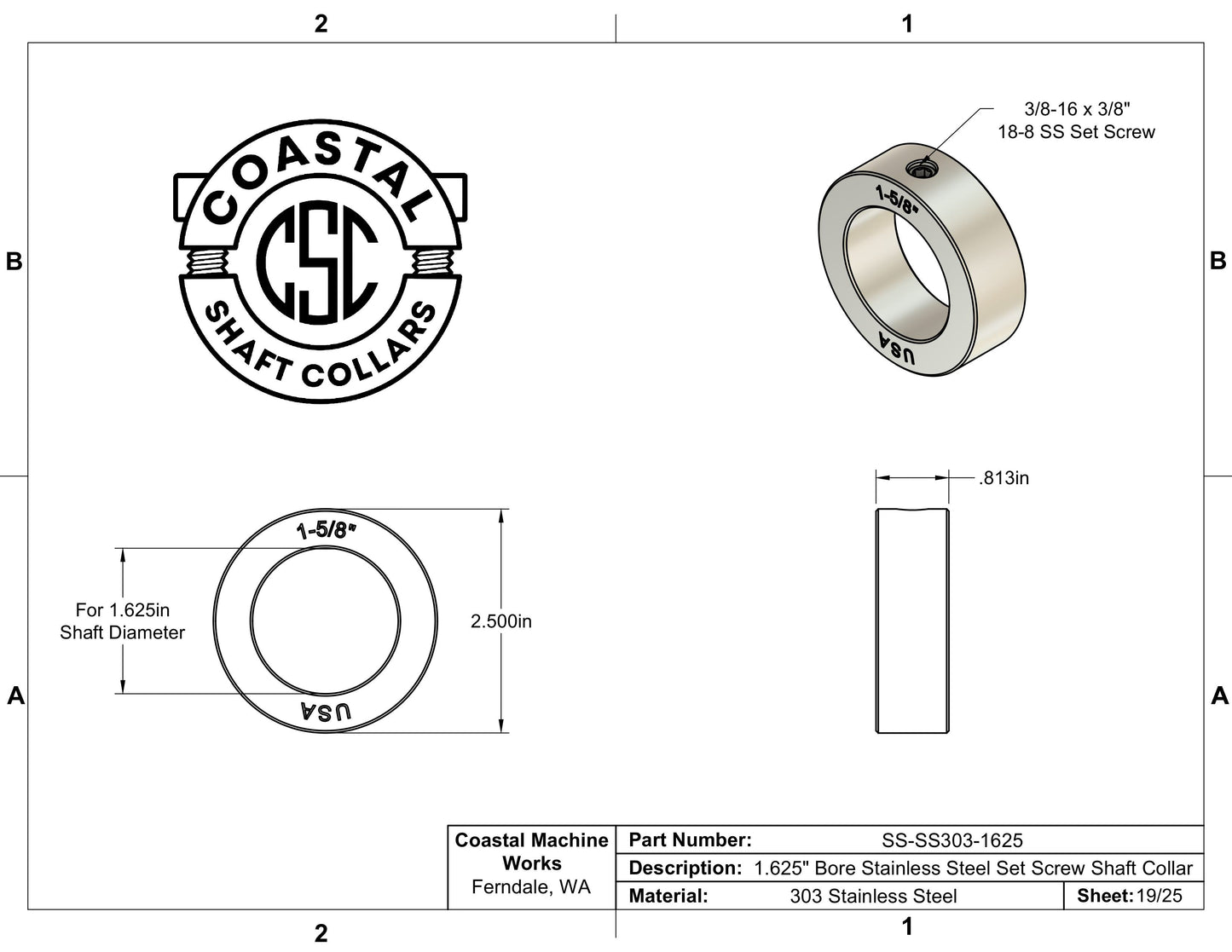 1.625" Diameter - Set Screw Shaft Collar - 303 Stainless Steel