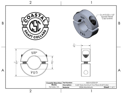 0.625" Diameter - Clamping Two Piece Shaft Collar - 2024 Aluminum