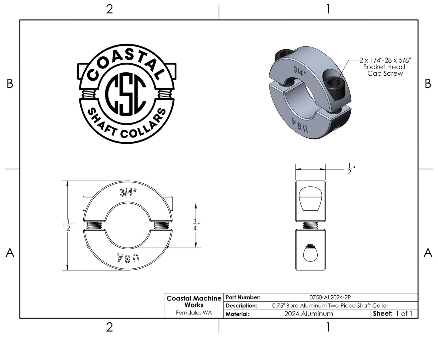 0.75" Diameter - Clamping Two Piece Shaft Collar - 2024 Aluminum