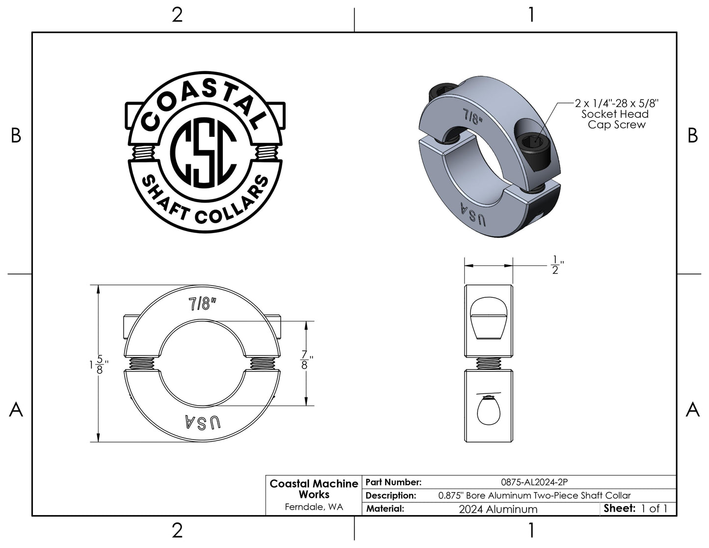 0.875" Diameter - Clamping Two Piece Shaft Collar - 2024 Aluminum