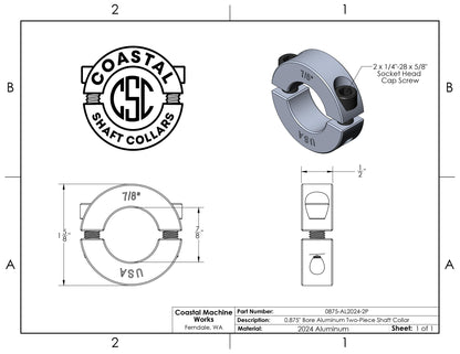 0.875" Diameter - Clamping Two Piece Shaft Collar - 2024 Aluminum