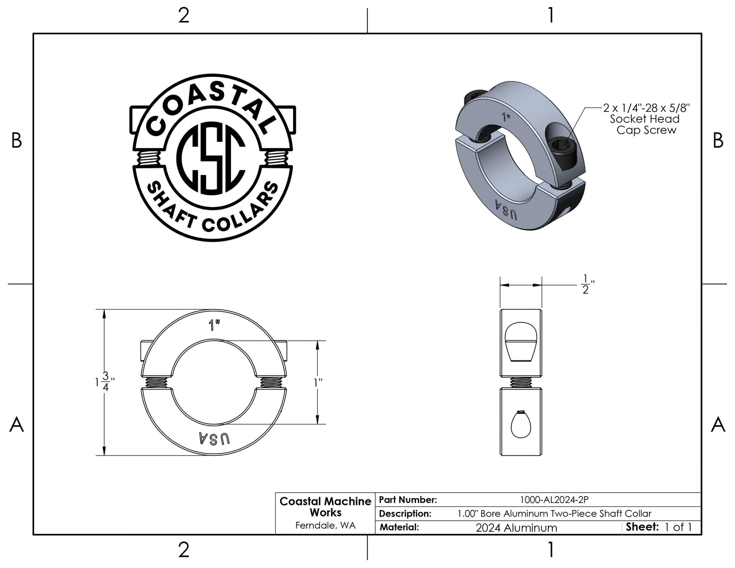 1.00" Diameter - Clamping Two Piece Shaft Collar - 2024 Aluminum