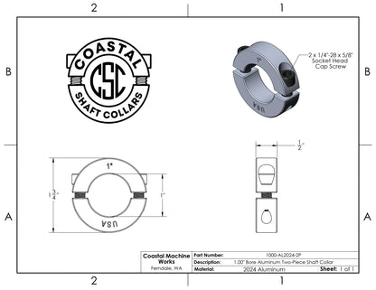 1.00" Diameter - Clamping Two Piece Shaft Collar - 2024 Aluminum