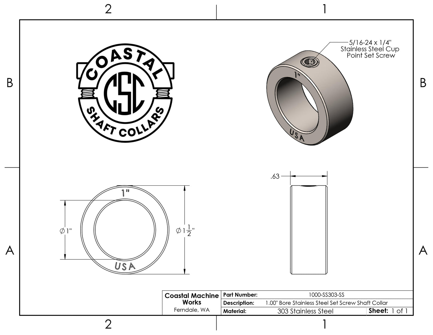1.00" Diameter - Set Screw Shaft Collar - 303 Stainless Steel