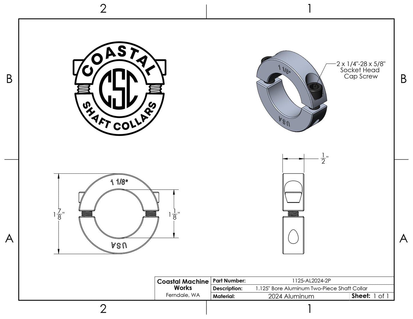 1.125" Diameter - Clamping Two Piece Shaft Collar - 2024 Aluminum