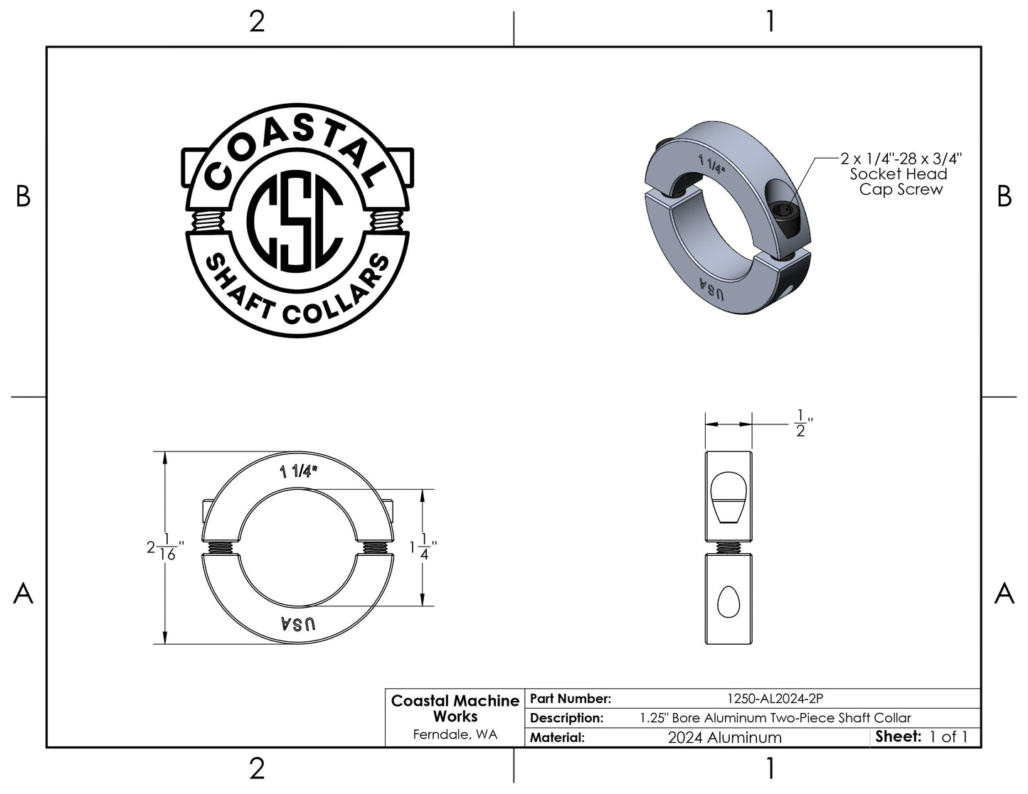 1.25" Diameter - Clamping Two Piece Shaft Collar - 2024 Aluminum