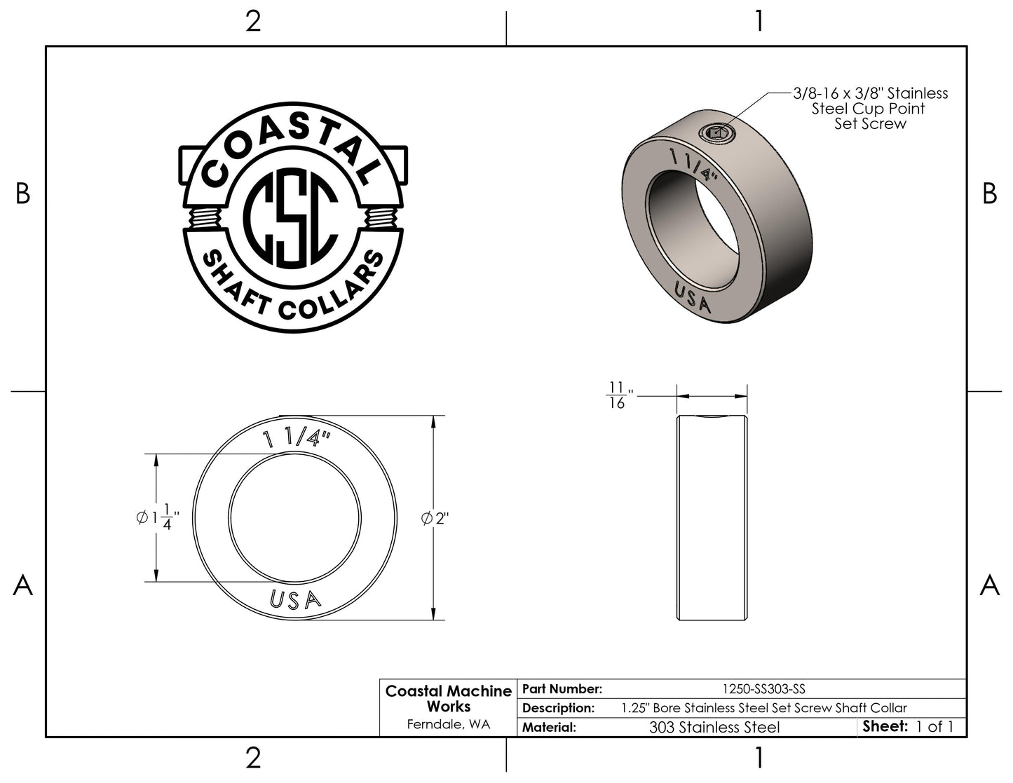 1.25" Diameter - Set Screw Shaft Collar - 303 Stainless Steel