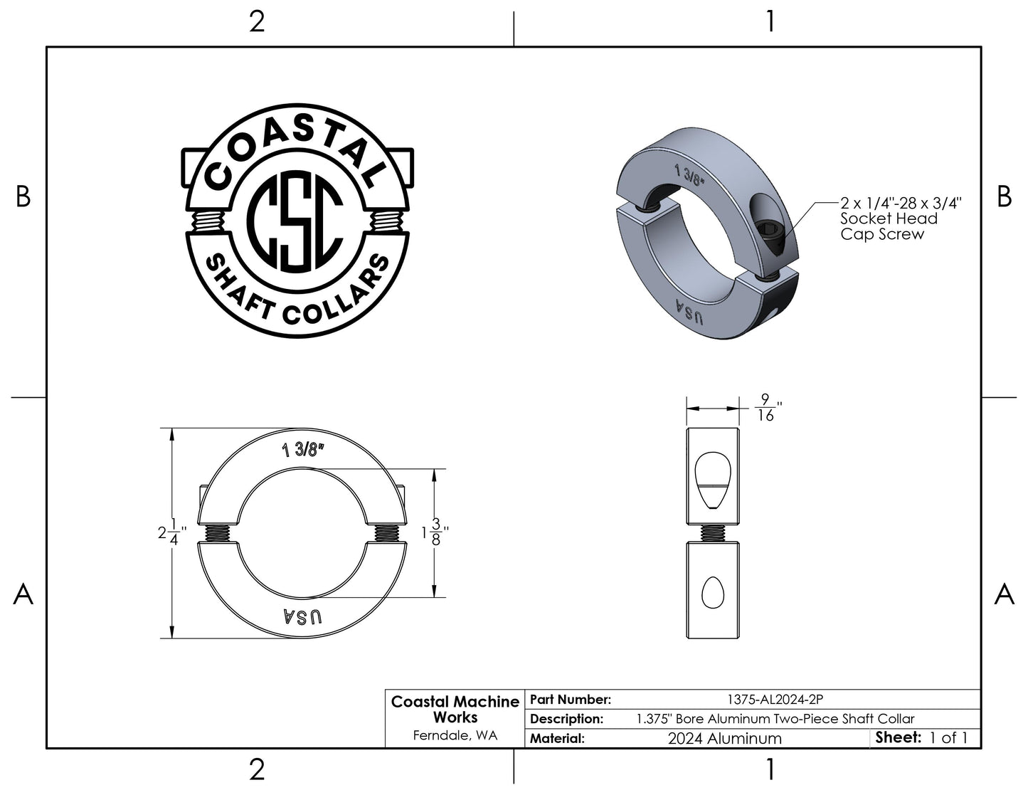 1.375" Diameter - Clamping Two Piece Shaft Collar - 2024 Aluminum