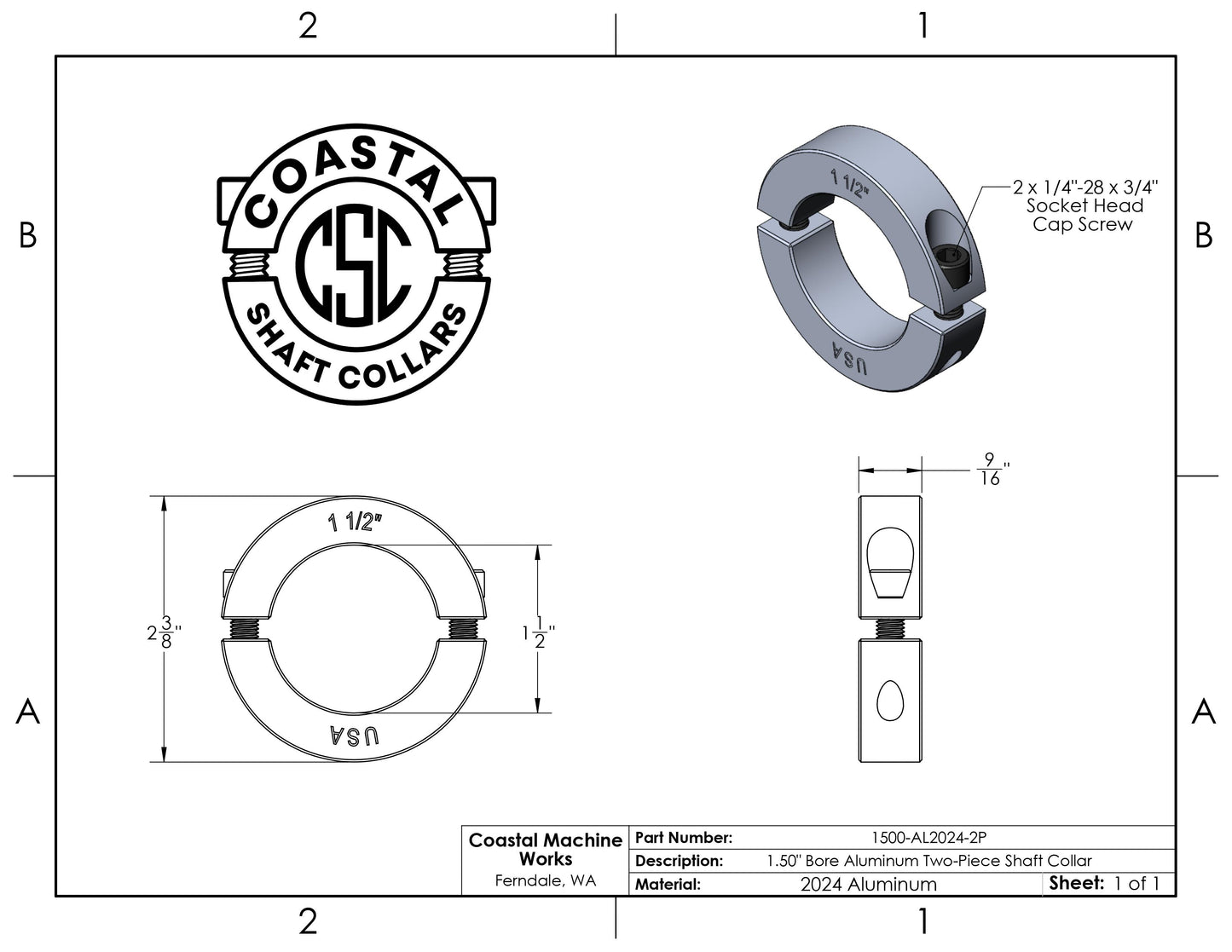 1.50" Diameter - Clamping Two Piece Shaft Collar - 2024 Aluminum
