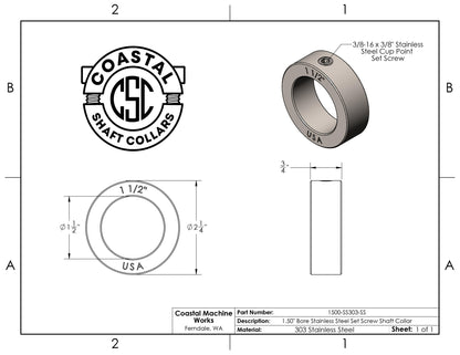 1.50" Diameter - Set Screw Shaft Collar - 303 Stainless Steel