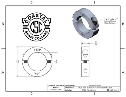 1.625" Diameter - Clamping Two Piece Shaft Collar - 2024 Aluminum