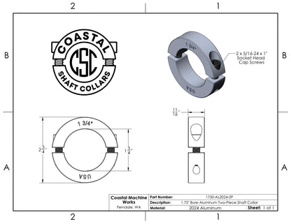 1.75" Diameter - Clamping Two Piece Shaft Collar - 2024 Aluminum